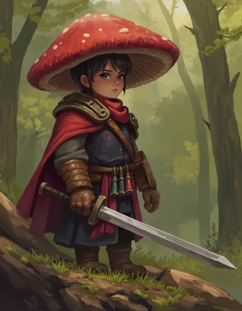 mushroom person, warrior, with a sword, red, in a forest