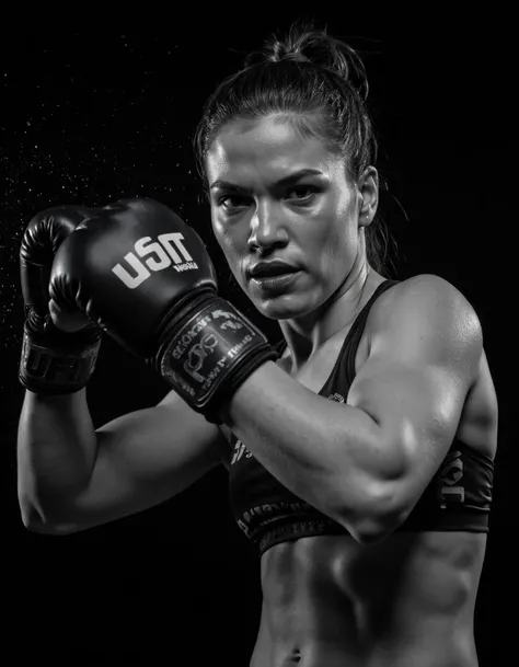 Dynamic black-and-white photograph in action sports style by Von Wong. Depicts a female MMA fighter in a powerful kickboxing pose, wearing UFC gloves and athletic gear. The image captures the intensity and motion with water droplets frozen in mid-air, creating a dramatic effect. The stark contrast between light and shadow highlights the muscle definition and determination on the fighterâs face, emphasizing the raw energy and strength. The background is entirely black, ensuring all focus remains on the subjectâs fierce movement and expression.