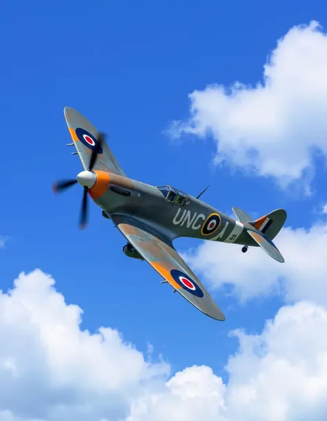 High-resolution photograph in realism style featuring an iconic WWII Spitfire fighter plane soaring through a vibrant blue sky with scattered clouds. The plane's detailed markings and propeller blur convey dynamic motion and historical significance.