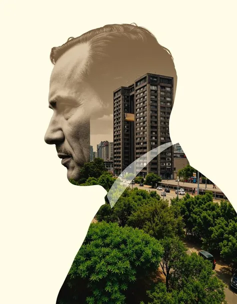 Double exposure photography blending a mid-century monochrome portrait with a modern urban landscape. The profile of the man's face, taken in classic sepia tones, is seamlessly superimposed with a vivid cityscape featuring high-rise buildings and lush green foliage. The fusion of traditional and contemporary elements creates a surreal narrative, evoking a sense of nostalgic contemplation of urbanization and development. The juxtaposition of the human silhouette with the dense foliage and skyscrapers underlines themes of identity and the impact of progress.