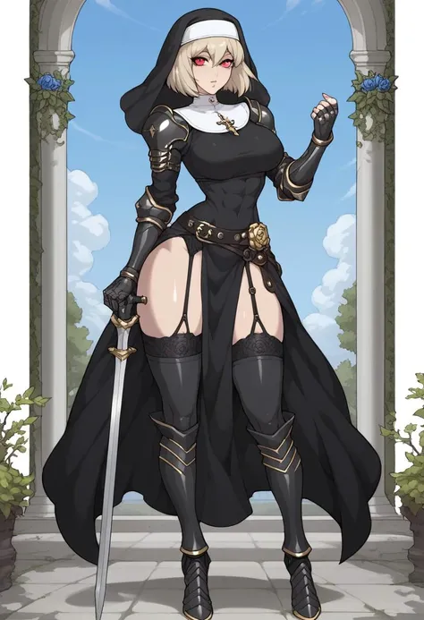 Dark elf, thick hips, thick thighs, platform heels, bandeau top, high cut leotard, huge breast, thin waist, tight stockings, bob cut hair, weapon, tanned skin, sword,