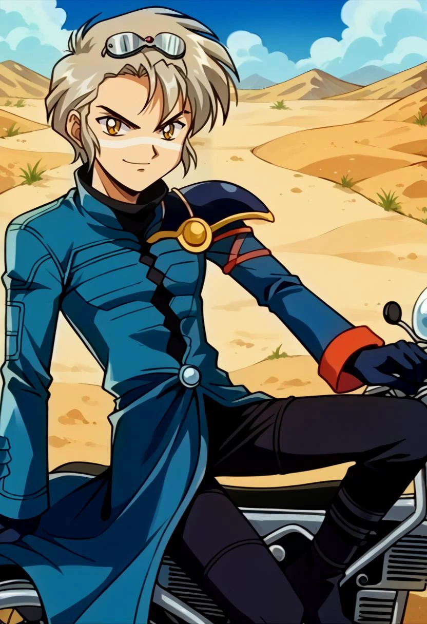 score_9, score_8_up, score_7_up, source_anime, BREAK, solo, 1boy, smirk, looking at viewer, <lora:WesPKMN-pdxl:1>, w3s, spiky hair, grey hair, goggles on head, yellow eyes, facial mark, black turtleneck, blue coat, single pauldron, asymmetrical sleeves, long sleeves, black gloves, black pants, black boots, <lora:FeOva-pdxl_Fp:1>, 1990s \(style\), retro artstyle, desert, leaning back, motorcycle,