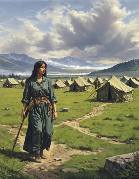 A computer rendering of a mystical landscape with a military camp in the background. The landscape is a vast, rolling plain with tall, green grass. In the distance, there are towering mountains with snow-capped peaks. The sky is a deep shade of blue with fluffy white clouds. The military camp is situated on the edge of the plain, surrounded by a high stone wall. The camp is made up of tents and wooden huts, with soldiers in camouflage uniforms patrolling the perimeter. In the foreground, there is a lone figure walking through the grass. The figure is a woman dressed in flowing robes, with long, flowing hair. She is holding a staff in her hand, and her eyes are closed as she walks. The landscape is shrouded in a mystical mist, and there is a sense of otherworldliness and magic in the air.