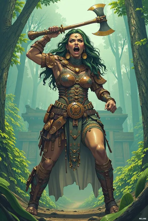(score_9, score_8_up, score_7_up)screaming face a tall adult woman tan skin, large breasts, paladin with aztec elements mixed with brazilian indiginous, wear a wood full armor, right arm up over the head holding tomahawk in pose of attack downing the axe violently , 35 years old, strong body, curly green hair, golden eyes, (black lipstick), octane render oiled skin, in a vivid florest with a large temple, anime, > mythp0rt, far view, anger eyes, <lora:Hand v2:1> <lora:CPA:0.75>