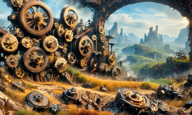 (masterpiece, best quality, ultra-detailed), (embedding:ziprealism:1), an evil landscape made out of rusty gears, g3ars, fenliexl, steampunk laboratory background, mixed media, surrealism, Faetastic