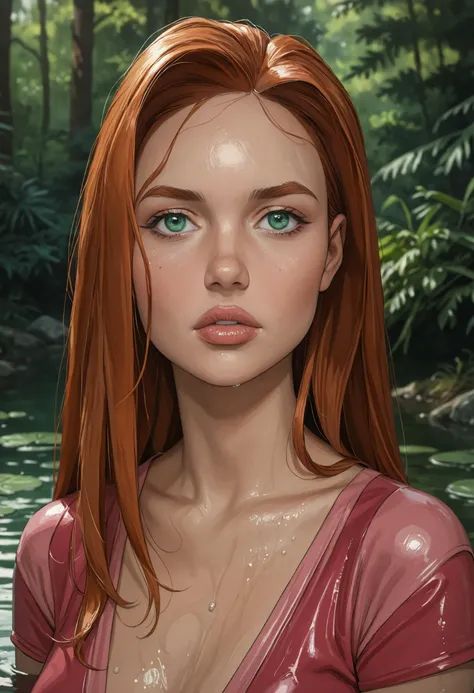 score_9, score_8_up, score_7_up, (huge tits:1.2), 1girl, solo,20 year old woman,headshot, ,a_e, 1girl, ginger long hair, green eyes, pink lips detailed face, atom eve costume, , , stunning beauty, long legs, , flushed cheeks, long hair,, Atom Eve, sultry, sexually aroused flushed, lips parted, in a pond in the forest dripping wet, one arm behind her, <lora:d3t41l3dXLP:.6> <lora:Atomic_EvaV2:.9>