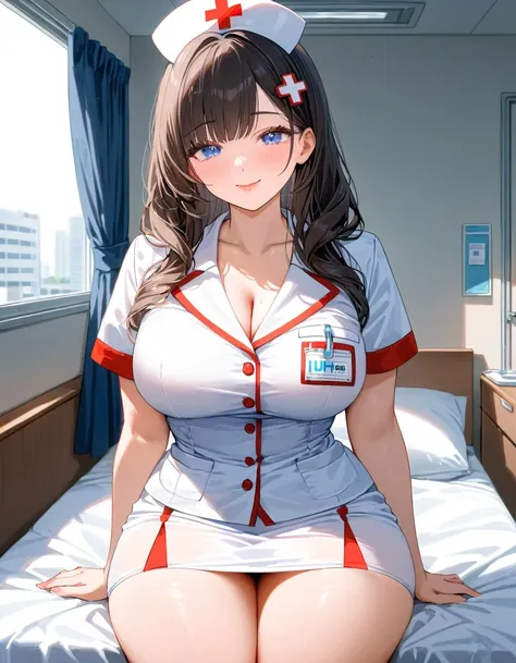 (masterpiece, best quality, ultra-detailed), (embedding:ziprealism:1), 1girl, (mature female:1.2), peru nurse uniform, skirt, curvy, puffy lips, luscious lips, seductive smile, solo, long hair, olivedrab hair, deepskyblue eyes, drill hair, hair ornament, medium breasts, facing viewer, hospital room, detailed eyes, perfect composition, intricate details