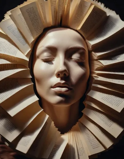A surreal portrait of a human face being opened like a book, intricate accurate details, capturing the transition from skin to paper, 8K