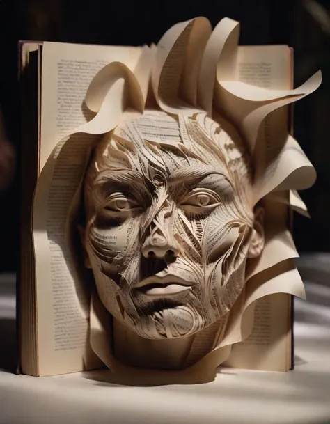 A surreal portrait of a human face being opened like a book, intricate accurate details, capturing the transition from skin to paper, 8K