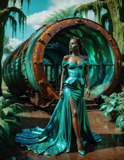 pms style, patina metal skin android woman Wearing a sculptural off-the-shoulder dress in a rich jewel tone, with a statement-making train Fairy tale setting, enchanted landscape, magical beings, dreamy atmosphere, otherworldly charm  <lora:Patina_Metal_Skin:1>