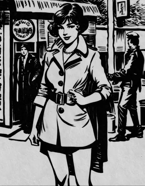 Inkdrawing a woman Showcasing a stylish, military-inspired peacoat with brass buttons and tailored trousers Colorful street market, exotic goods, bustling atmosphere, cultural exchange, sensory overload <lora:SDXL_Kr355e_v1:1>