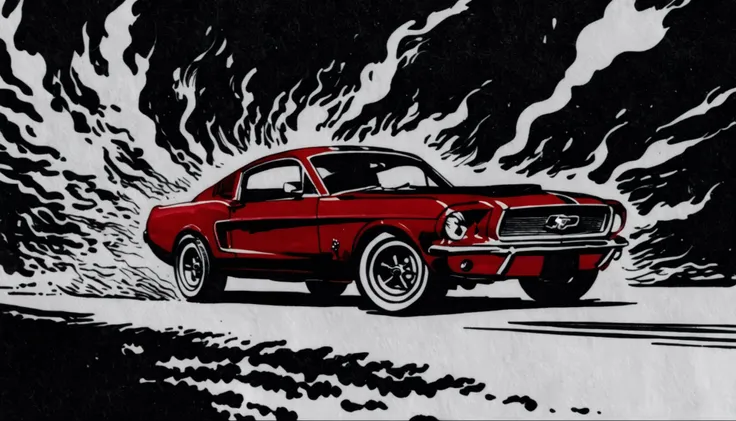 Inkdrawing A classic Ford Mustang GT, in deep cherry red, burns rubber on an open highway, leaving behind a trail of fire and white smoke as it drifts, capturing the power and legacy of American muscle, 8K. <lora:SDXL_Kr355e_v1:1>