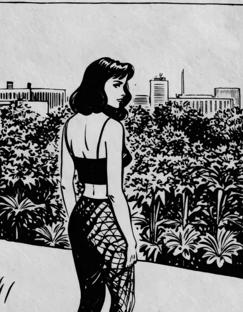 Inkdrawing a woman Wearing a daring, sheer mesh shirt with a geometric pattern and high-waisted pants Urban rooftop garden, green oasis, cityscape backdrop, hidden retreat, lush foliage <lora:SDXL_Kr355e_v1:1>