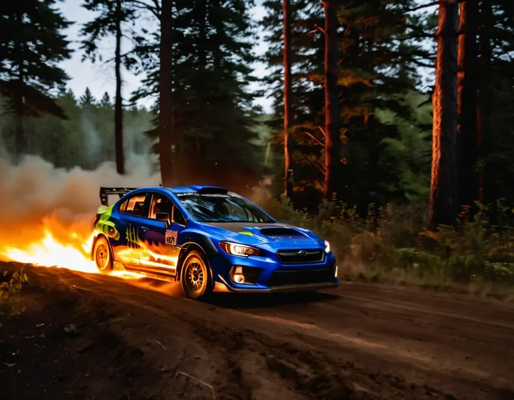 fire that looks like a subaru wrx rally car driving through the forest kicking up dirt, fast shutter speed, intricate accurate details, 8K. <lora:Aether_Fire_v1_SDXL_LoRA:.9>