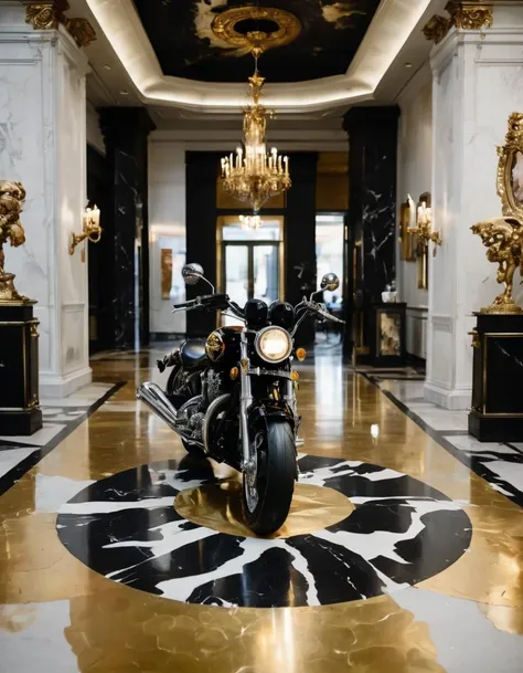 A sleek black motorcycle with chrome accents is parked in the center of a grand, ornate bank lobby. The lobby is decorated with intricate marble floors, gold-leafed chandeliers, and ornate columns. The motorcycle is surrounded by a collection of modern art pieces, including a large, abstract painting in the quartz palette, and a sculpture made of twisted metal and concrete. The art informel style is evident in the sculpture, which appears to have been created through a process of spontaneous and intuitive creation. The motorcycle's presence in the lobby is unexpected and adds an element of intrigue and mystery to the scene., Abstract expressionism, bold brushstrokes, vivid colors, in the style of Jackson Pollock.