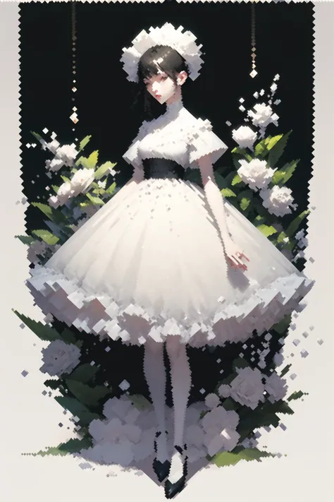 masterpiece, best quality, 1girl, white theme, flowers, full body