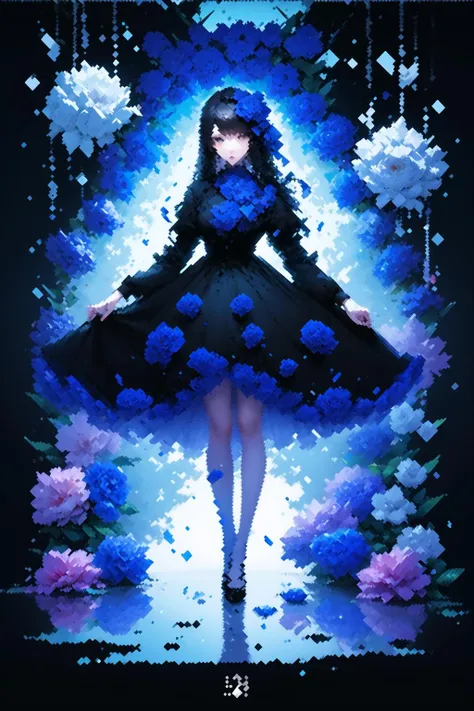 masterpiece, best quality, 1girl, blue theme, flowers, full body