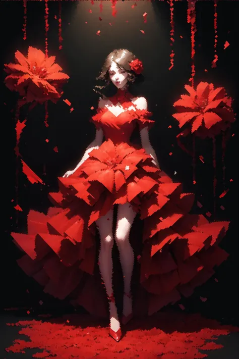 masterpiece, best quality, 1girl, red theme, flowers, full body