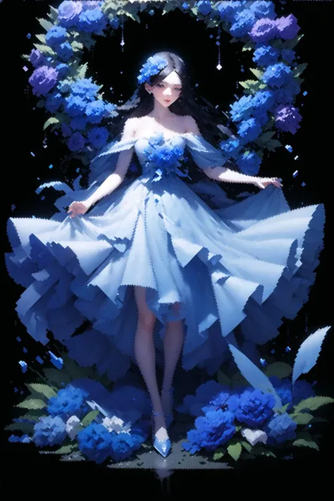 masterpiece, best quality, 1girl, blue theme, flowers, full body