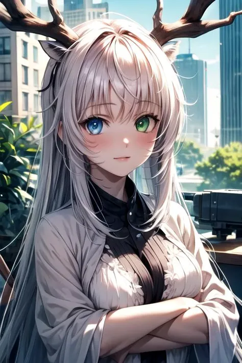masterpiece, best quality, , 1girl, solo, looking at viewer, upper body, , anime coloring, , <lora:neko_k:0.72>, neko_k, white hair, blue eyes, heterochromia, green eyes, long hair, deer costume, science fiction dieselpunk, 8k resolution