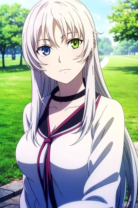 masterpiece, best quality, photorealistic, 1girl, solo, looking at viewer, upper body, depth of field, anime coloring, , <lora:neko_k:0.70>, neko_k, white hair, blue eyes, heterochromia, green eyes, long hair