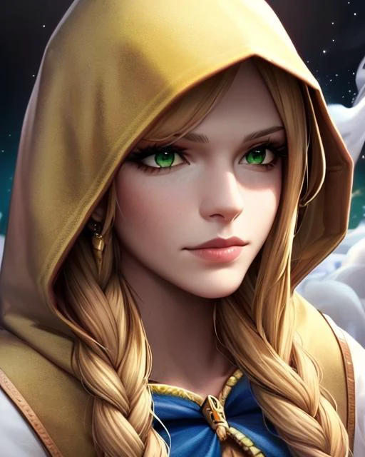 masterpiece, portrait of beautiful archer girl, aiming at viewer, bow, blonde, braid, hood, deep green eyes, smoke, particles, very detailed, realistic