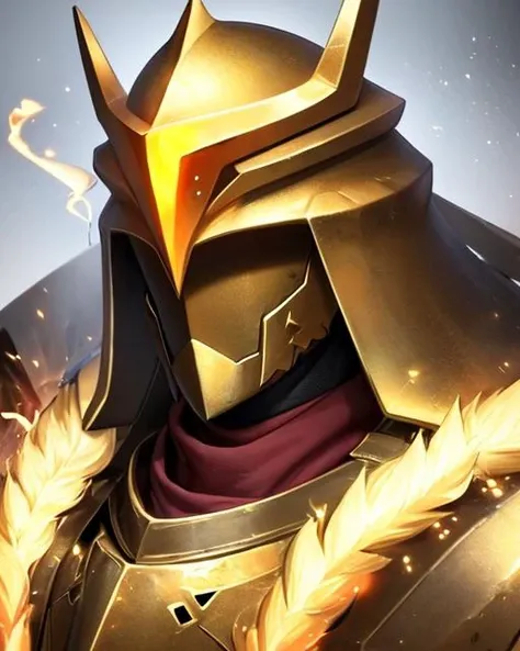 masterpiece, portrait of a paladin in heavy armor, templar's helmet with visor, golden aura, smoke, particles, very detailed, realistic