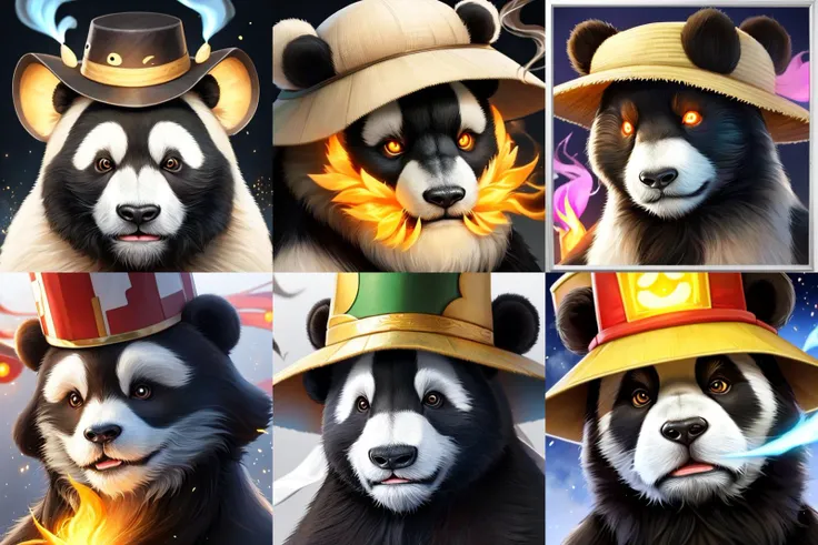 masterpiece, portrait of funny panda in asian hat, glowing white eyes, smoke, particles, very detailed, realistic