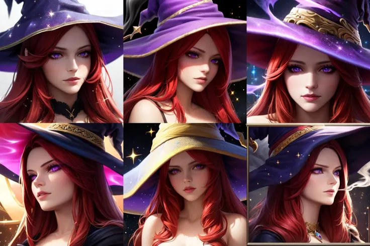 masterpiece, portrait of beautiful witch, red hair, witch hat, deep purple eyes, magic, smoke, sparkles, particles, very detailed, realistic