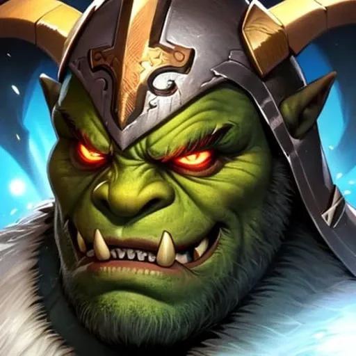 masterpiece, portrait of angry male orc warrior, helmet, tusks, sharp teeth, war paint, deep red eyes, colored skin, green skin, smoke, particles, very detailed, realistic