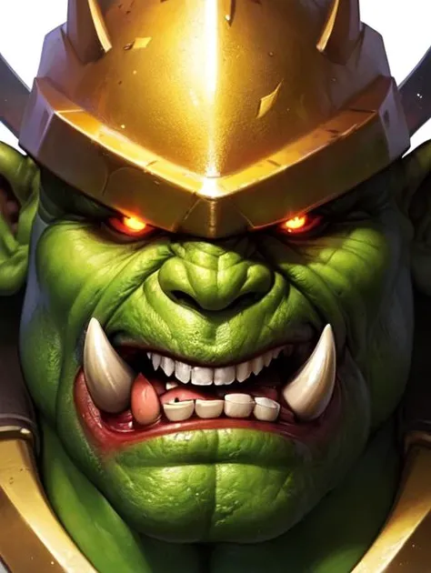masterpiece, portrait of angry male orc warrior, helmet, tusks, sharp teeth, war paint, deep red eyes, colored skin, green skin, smoke, particles, very detailed, realistic, <hypernet:sxz-warcraft:0.6>