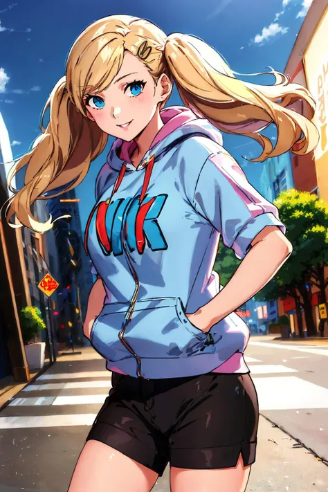 (masterpiece, best quality:1.1), <lora:Persona5AnnTakamakiCharecter_v10:0.7>, cowboy shot, solo, 1girl, ann takamaki, smile, looking at viewer, hands in pockets, blonde hair, hoodie, black shorts, cityscape, street