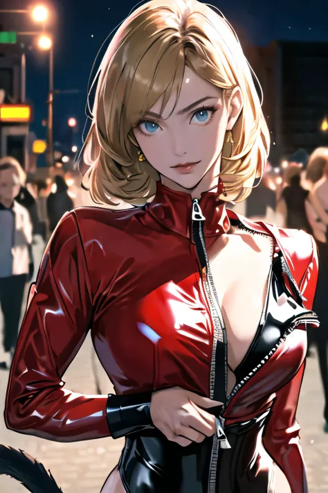 (masterpiece,best quality),((ultra detailed,extremely intricate,ultra high res,RAW,HDR,)),,inely detailed beautiful eyes,
(photorealistic:1.2)city street background, busy street view,(night),
1girl,looking at viewer,upper body,lens 135mm,f1.8,figure four sitting,
takamaki anne, natural breasts,
inely detailed beautiful eyes,perfect eye makeup,wide-eyed,glowing eyes,
(red clothes,red skintight latex swimsuit with zippers and cleavage window:1.3),
cat tail, blonde hair, dreamlike, dreamy, floaty, modelshoot style,
sexy slutty quality,
Detailed skin texture, detailed cloth texture, stunning gradient colors,ray tracing,
side lighting, Rim lighting,best shadow,
perfect female body,perfect breasts,perfect hips,perfect anatomy,smooth midriff,skiny and thin, lustrous skin, glossy skin,slim legs,shiny skin,
<lora:Ann Takamaki:0.2>  <lora:liYitongCN_v10:0.4> <lora:public_v1.0-000005:0.2>public,photographer,