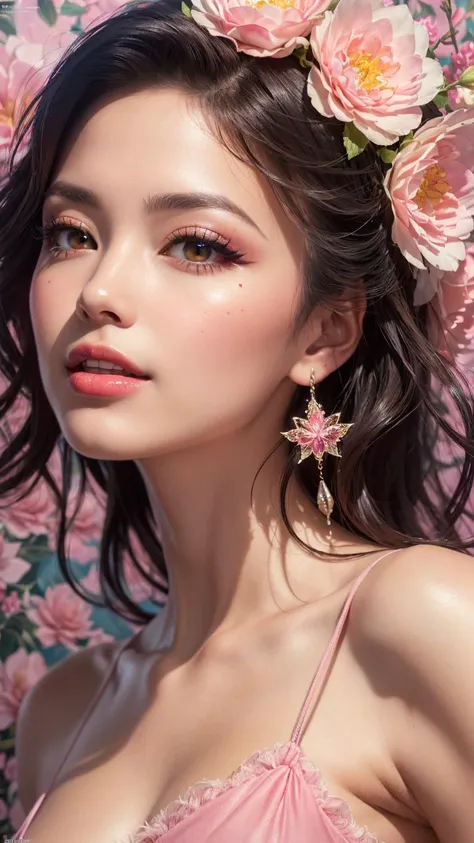 [(Hassleblad H6D-400c)],[(medium format image)],[(dreamy)],[(400 mega pixels)],(photorealistic:1.4),(RAW photo:1.2),(masterpiece:1.3),(realistic),(hyper-realistic),ultra-detailed,illustration,(very_high_realistic:1.5),(very_high_resolution:1.5),HDR,CG,unity,8k wallpaper,Amazing,finely detail,official art,extremely detailed CG unity 8k wallpaper,(best quality),incredibly absurdres,ultra-detailed,light on face,cinema lights,cinematic lighting,professional lighting,photon mapping,radiosity,physically-based rendering,((skin brightening)),
illustration,an extremely delicate and beautiful,sharp focus,absurdres,realistic proportions,good anatomy,16k hdr,1girl,ultra high res,(black hair) (wavy medium hair),asian skin tone,huge filesize,ultra-detailed,highres,absurdres,soft light,((thin body)),(((close up, face focus:1.2), looking up, standing, lonely, shiny skin, eyeliner, gothic eyeshadow, blush, flower)),(((magazine cover-style illustration of a fashionable woman in a vibrant outfit), ((navel)), (upper body),Pink wallpaper, Pink tone, illustration,   (fantasy concept))),adding a touch of fantasy to the scene,emotional face,smile,happy,sweet smile,medium breast,Upper body,((studio light)),((emotional face)),Make up Portrait,pink eyeshadows,red lips,
<lora:shiftymine_V2:1>,<lora:FashionMagazineStyle_v10:0.9>,<lora:ShinyAngel:0.6>,