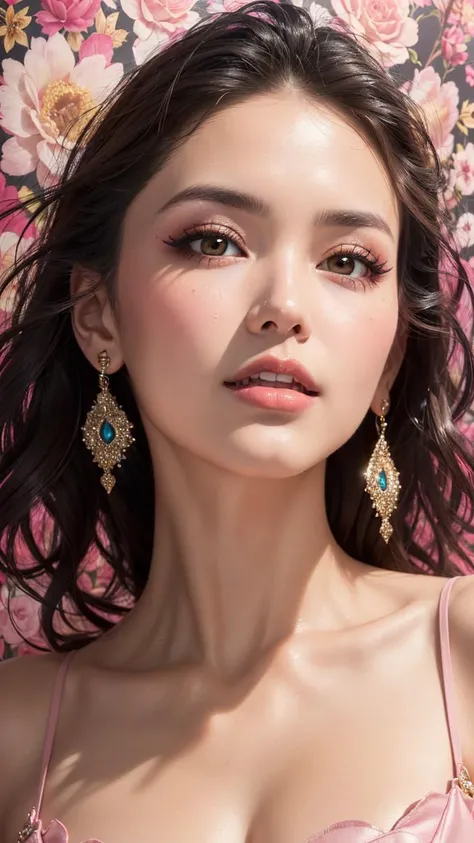 [(Hassleblad H6D-400c)],[(medium format image)],[(dreamy)],[(400 mega pixels)],(photorealistic:1.4),(RAW photo:1.2),(masterpiece:1.3),(realistic),(hyper-realistic),ultra-detailed,illustration,(very_high_realistic:1.5),(very_high_resolution:1.5),HDR,CG,unity,8k wallpaper,Amazing,finely detail,official art,extremely detailed CG unity 8k wallpaper,(best quality),incredibly absurdres,ultra-detailed,light on face,cinema lights,cinematic lighting,professional lighting,photon mapping,radiosity,physically-based rendering,((skin brightening)),
illustration,an extremely delicate and beautiful,sharp focus,absurdres,realistic proportions,good anatomy,16k hdr,1girl,ultra high res,(black hair) (wavy medium hair),asian skin tone,huge filesize,ultra-detailed,highres,absurdres,soft light,((thin body)),(((close up, face focus:1.2), looking up, standing, lonely, shiny skin, eyeliner, gothic eyeshadow, blush, flower)),(((magazine cover-style illustration of a fashionable woman in a vibrant outfit), ((navel)), (upper body),Pink wallpaper, Pink tone, illustration,   (fantasy concept))),adding a touch of fantasy to the scene,emotional face,smile,happy,sweet smile,medium breast,Upper body,((studio light)),((emotional face)),Make up Portrait,pink eyeshadows,red lips,
<lora:shiftymine_V2:1>,<lora:FashionMagazineStyle_v10:0.9>,<lora:ShinyAngel:0.6>,