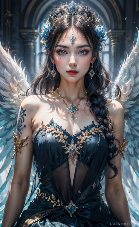<lora:A_Snow_Angel:0.8> , Snow_Angel, Frozen,  ((best quality)), ((masterpiece)), ((realistic)), ((18-year-old girl as a snow angel princess in a fantasy golden throne room, frozen, mystic fog, frost flowers)), In the grandeur of a throne room, an 18-year-old girl embodies the enchantment of a snow angel princess. Adorned with elegant earrings, intricate jewelry, and a tribal tattoo, she exudes a sense of regality and grace. Her flowing hair, infused with a radiant glow, cascades around her, accentuated by an ethereal ice hair ornament and a necklace fashioned from glistening ice. Her sharp eyes captivate with a blend of determination and wisdom. Draped in a dress of ice, she personifies the beauty and power of the frozen realm. The throne room, adorned with golden ornaments and surrounded by an icy atmosphere, emanates an otherworldly charm. Swirling fog and the cold permeate the air, creating an ambiance of mystique. A large watch prominently displays the passage of time, a symbol of her royal lineage. Paintings and lush plants add touches of color amidst the frozen surroundings, while water flows gracefully, mirroring the princess's elegance. Ice shards glimmer and sparkle, reflecting light and emitting delicate sparks, guided by the whims of the wind. The blurry background and bokeh lend a dreamlike quality to the scene, accentuated by gentle sidelight that casts a soft glow on her face. Against a light backdrop, the composition showcases the Tyndall Effect, infusing the air with a captivating vibrancy. The vibrant colors and meticulous attention to detail make this artwork a true cinematic masterpiece, capturing the majesty, beauty, and magic of the snow angel princess in her icy domain. (Haircut model by Top knot, possed is Pointing pose, sharp grey-blue,  shooting angle is Eye-level view, time is High-Key Lighting),