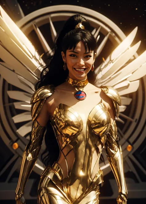 (cowboy shot), (masterpiece), (best quality:1.0), (ultra highres:1.0), highly detailed face and eyes,
BREAK
<lora:superwoman_(mary_batson):0.7> superwoman \(mary batson\), dark-skinned female, ponytail, black hair, (space wings:1.2), sadistic smile
<lora:Angel_base_V1, space:0.6> armored, jewelry, intricate design, choker, pelvic curtain, sleeveless
BREAK
sunset