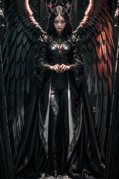 (extremely detailed CG unity 8k wallpaper,masterpiece, best quality, ultra-detailed, beautiful detailed eyes:1.2),best illumination, (best shadow, an extremely delicate and beautiful, bloom),
1gril,solo,red eyes,Heavy red armor,long hair,holding sword,Angel wings,black wings,jewelry,(big wings:1.4),Film filter,Satan, Hellfire,full body,demon,flame,
<lora:DarkAngelV1:0.5>