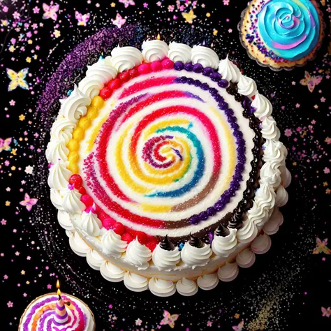 Style-PaintMagic, an award winning photo of a beautiful magical pastry shop with (birthday cake:1.2) made of (swirls of color:1.3) in the style-paintmagic, from above, vivid paint, glitter, sprinkles, dark shadows, deep shadows, low lighting, paint splattered walls, depth of field, bokeh, 4K, HDR. dripping paint icing, candle flames