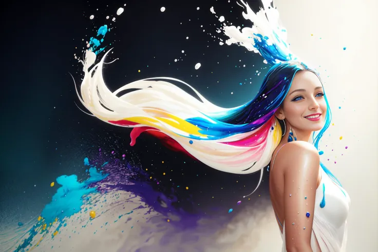 Style-PaintMagic, award winning character concept art of, an extremely beautiful color woman made out of a swirl of colored paint drops , smiling, laughing, happiness, white canvas background, breasts, hair spraying with colors, hair fanned out dripping in paint, blue eyes, paint splatter, blurry_background,, natural lighting, lips, long hair, looking_at_viewer, solo, from above, feminine beautiful amazing body, highly detailed 8k character concept portrait studio lighting by Annie Leibovitz and Steve McCurry octane render trending on artstation made in Maya 4K high quality digital painting dramatic lighting, beautiful lighting, vivid colors, paint dripping, 3d effects, zbrush, 3d paint splattering, volumetric lighting,