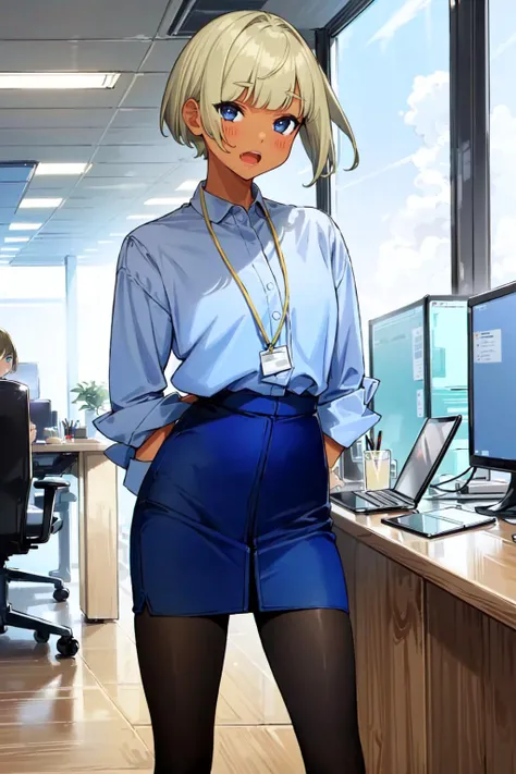 (masterpiece, best quality:1.5), <lyco:shinjin-chan-v4-000005:1.0>, shinjin-chan, dark skin, dark-skinned female, blonde hair, short hair, bob hair, blunt bangs, blue eyes, 1girl, looking at viewer, office, white shirt, pantyhose, (blue skirt:1.2), pencil skirt, (naughty face:1.2), arms behind back,