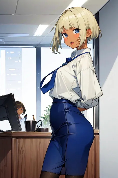 (masterpiece, best quality:1.5), <lyco:shinjin-chan-v4-000005:1.0>, shinjin-chan, dark skin, dark-skinned female, blonde hair, short hair, bob hair, blunt bangs, blue eyes, 1girl, looking at viewer, office, white shirt, pantyhose, (blue skirt:1.2), pencil skirt, naughty face, arms behind back,