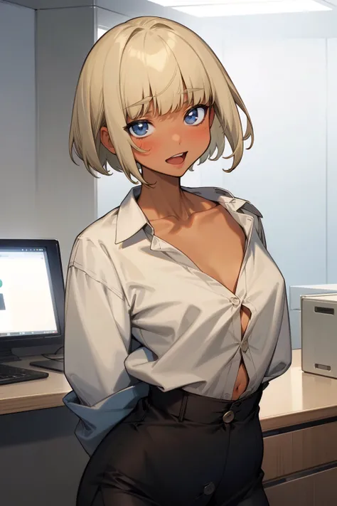 (masterpiece, best quality:1.5), <lyco:Ch_An_Shinjin-chan:0.8>, shinjin-chan, dark skin, dark-skinned young girl, arched back pose, blonde hair, short hair, bob hair, blunt bangs, blue eyes, 1girl, looking at viewer, office, white (((unbuttoned shirt))),  very short skirt, side cutout, (naughty face:1.2), arms behind back, (((collarbone))), (((wide hips))), (((all buttons undone on shirt ))), oily shiny body