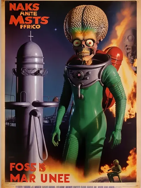 Naked Man <lora:MarsAttacks:0.7> MarsAttacks! 1950's sci fi poster art forbidden planet style UFO bridge
