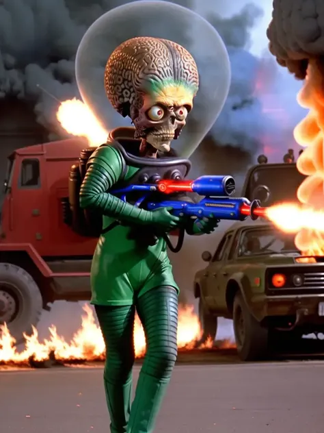 1boy alien <lora:MarsAttacks:0.7> MarsAttacks! chasing crowd of distant people city street ray gun firing green rays