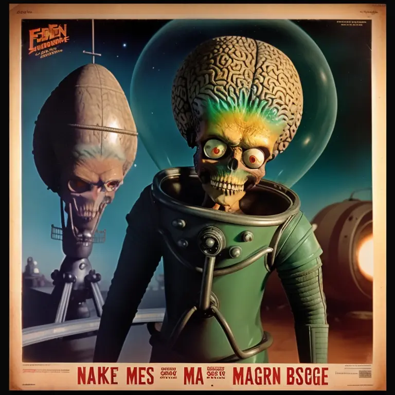 Naked Man <lora:MarsAttacks:0.7> MarsAttacks! 1950's sci fi poster art forbidden planet style UFO bridge