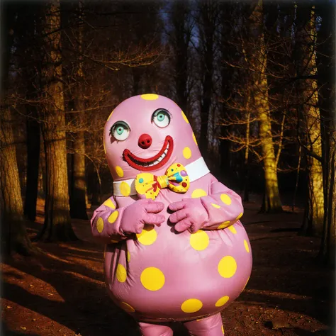 Mr_Blobby, solo, creepy, scary, monster, in the woods, night, dark, atmospheric, low light, horror movie <lora:Mr_Blobby:0.65> <lora:middleFingerLORA_midfingv1:0.35> middle finger