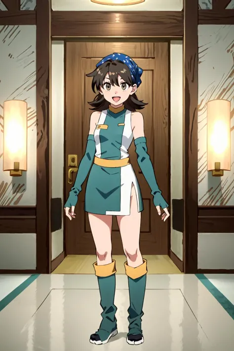 1girl,minttcg,blue bandana,sleeveless,skirt, thighighs,fingerless gloves, elbow gloves,standing,facing viewer,indoors,in luxury hotel,:d,small breasts,boots,full body,straight on,(v arms:1.1), <lora:MintTCG:0.8>,