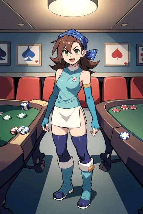 (masterpiece,best quality),1girl,minttcg,blue bandana,sleeveless shirt,skirt, thighhighs,fingerless gloves, elbow gloves,standing,facing viewer,indoors,in poker room,:d,boots,full body,straight on,(v arms)<lora:MintTCG:0.7>,