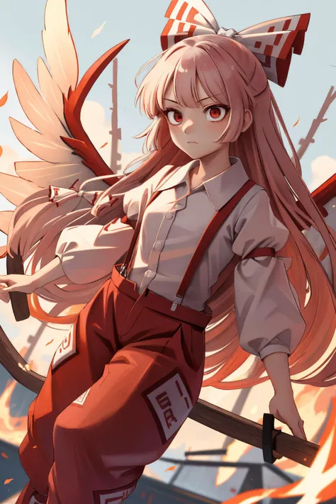 detailed_background,outdoors,highres,fiery_wings,arm_belt,suspenders,1girl,red_pants,feet_out_of_frame,touhou,red_eyes,ofuda_on_clothes,long_sleeves,very_long_hair,fujiwara_no_mokou,hand_on_own_hip,two-tone_bow,shirt,closed_mouth,puffy_sleeves,wings,pants,bow,burnt_clothes,hair_bow,absurdres,ofuda,white_shirt,solo,white_bow,red_bow,expressionless,looking_at_viewer,juliet_sleeves,long_hair,fire,kotatsu_kaya <lora:mokou:0.8>